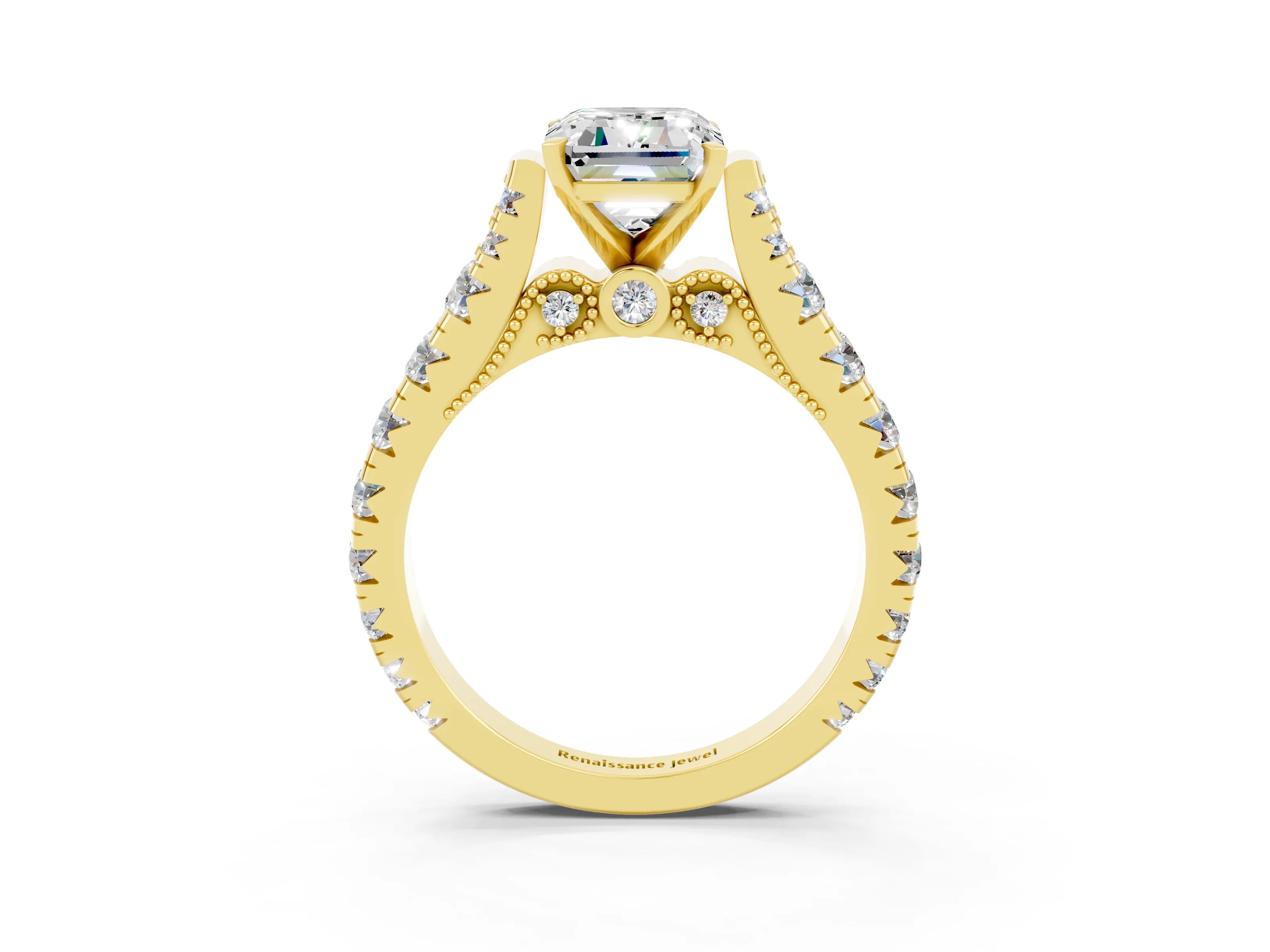 Yellow gold Emerald Cut Moissanite Classic Solitaire Ring with Pavé Band and Four-Prong Setting_3