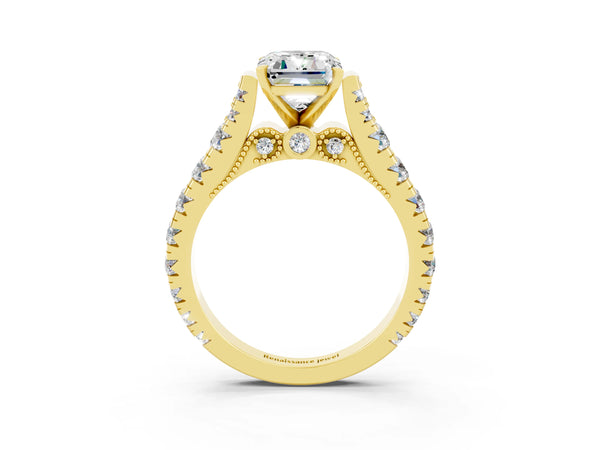 Yellow gold Emerald Cut Moissanite Classic Solitaire Ring with Pavé Band and Four-Prong Setting