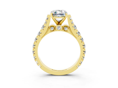Yellow gold Emerald Cut Moissanite Classic Solitaire Ring with Pavé Band and Four-Prong Setting_3