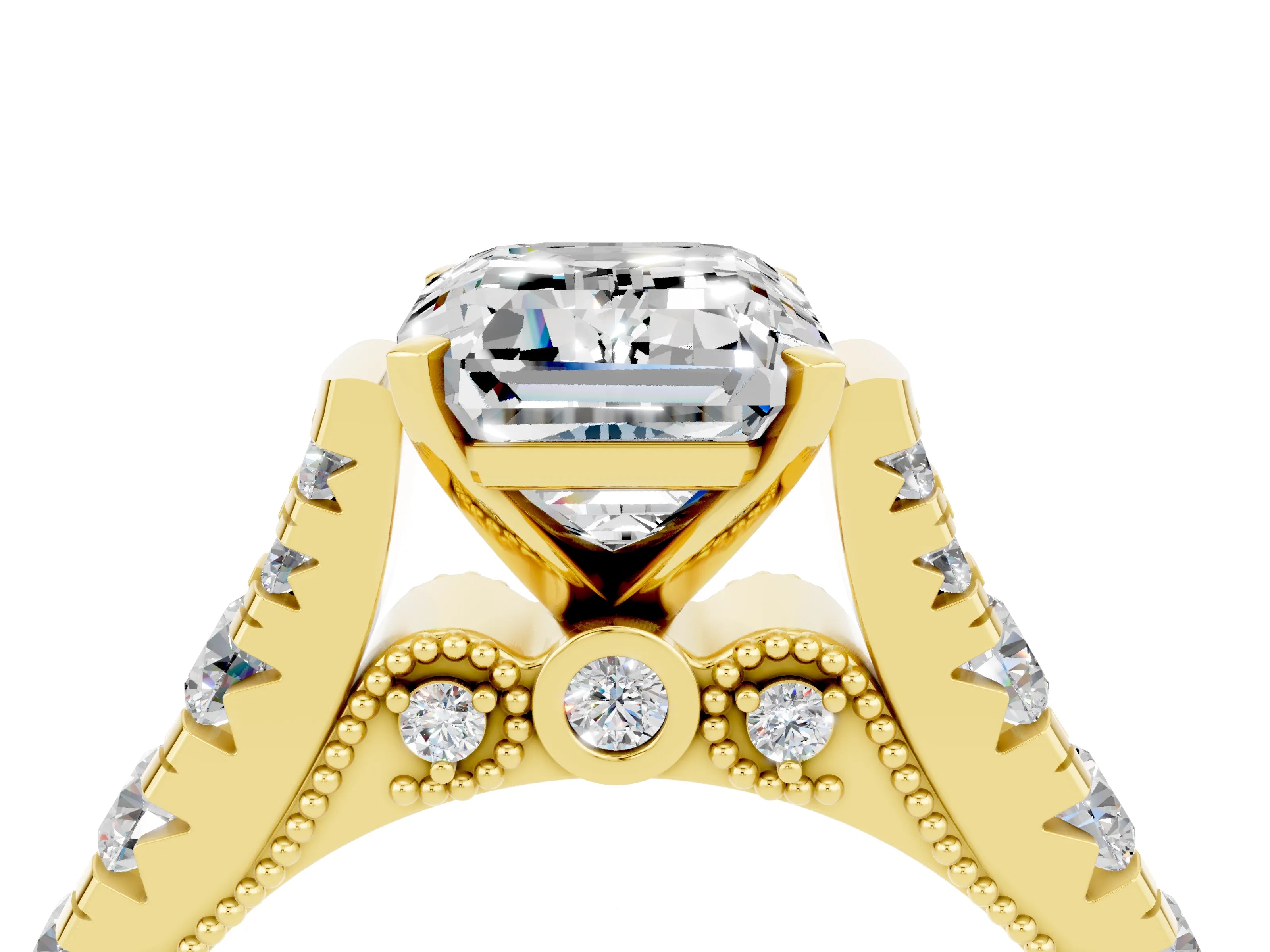Yellow gold Emerald Cut Moissanite Classic Solitaire Ring with Pavé Band and Four-Prong Setting_4