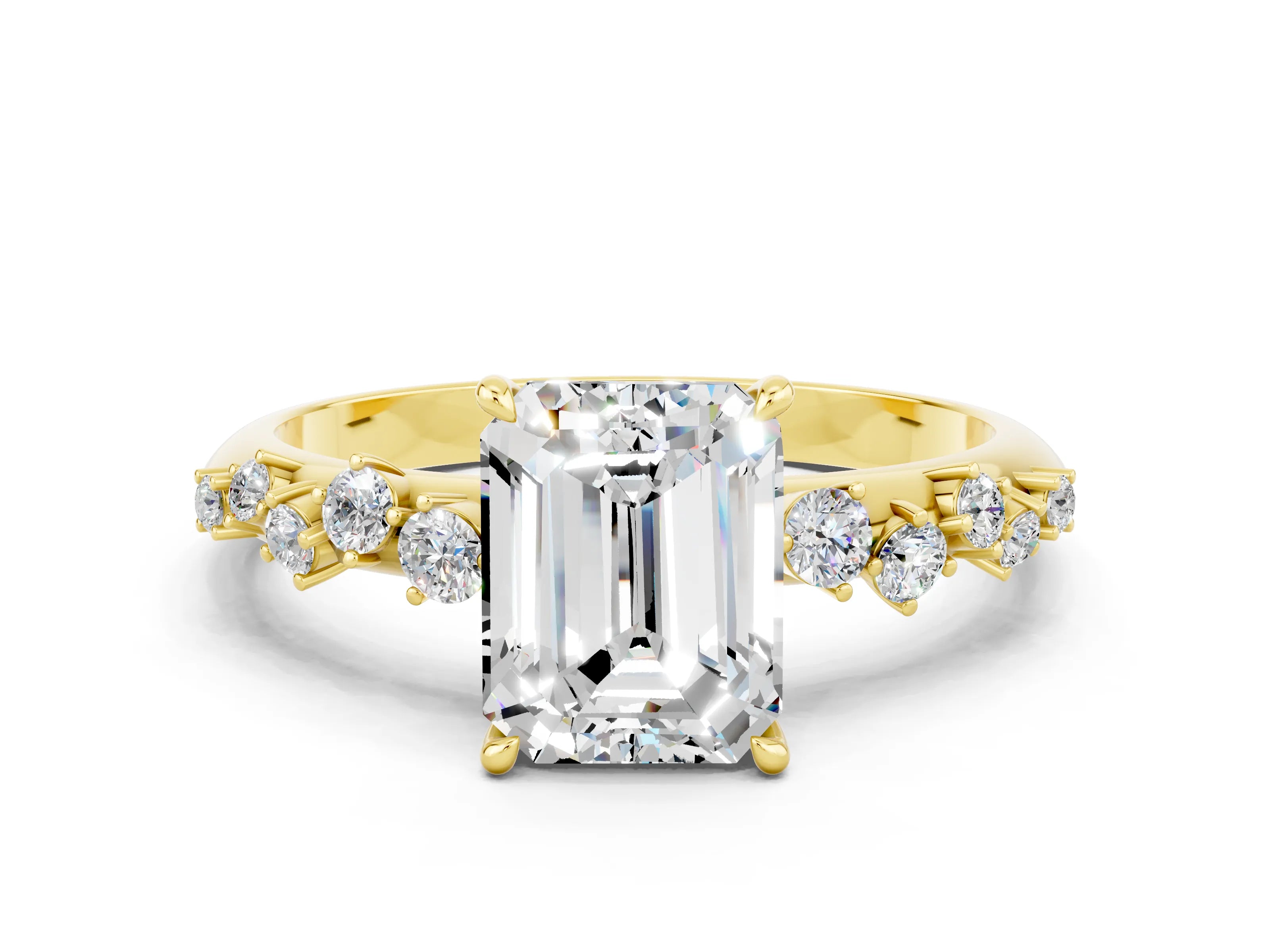 Yellow gold Emerald Cut Moissanite Cluster Side Stone Solitaire Ring with Prong Setting_24
