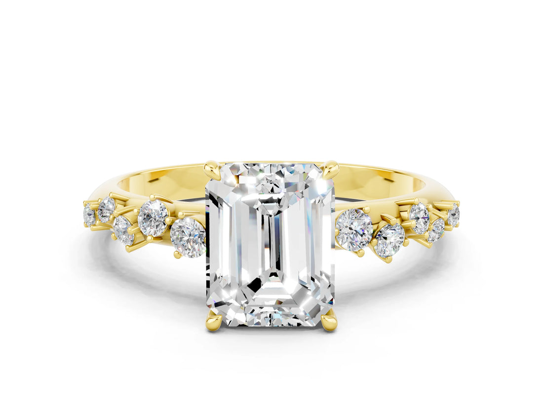 Yellow gold Emerald Cut Moissanite Cluster Side Stone Solitaire Ring with Prong Setting_24