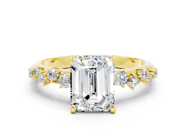 Yellow gold Emerald Cut Moissanite Cluster Side Stone Solitaire Ring with Prong Setting