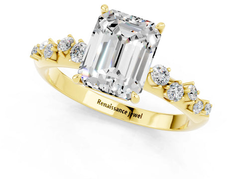 Yellow gold Emerald Cut Moissanite Cluster Side Stone Solitaire Ring with Prong Setting_25