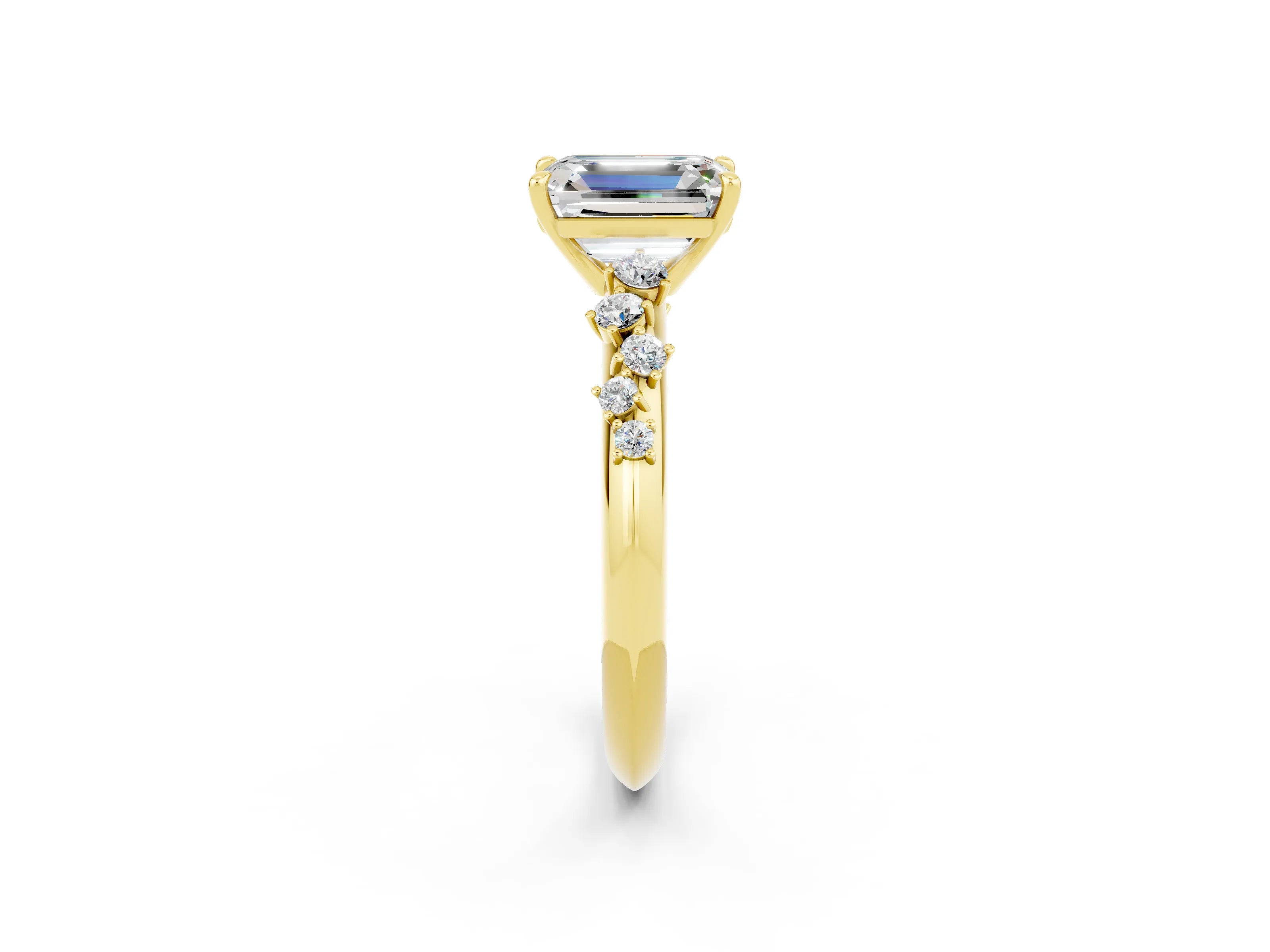 Yellow gold Emerald Cut Moissanite Cluster Side Stone Solitaire Ring with Prong Setting_26