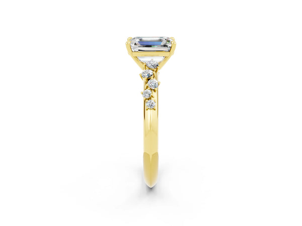 Yellow gold Emerald Cut Moissanite Cluster Side Stone Solitaire Ring with Prong Setting