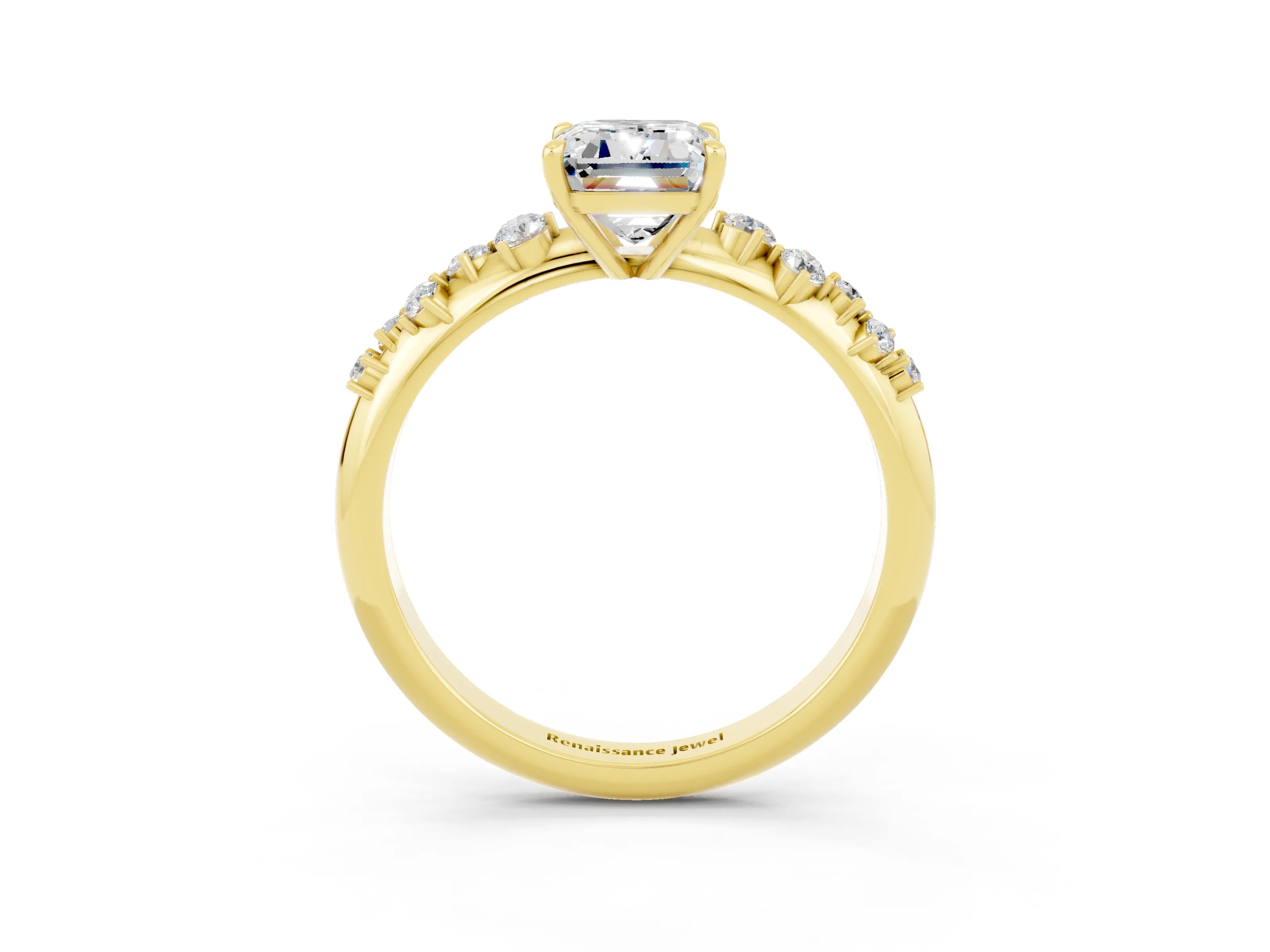 Yellow gold Emerald Cut Moissanite Cluster Side Stone Solitaire Ring with Prong Setting_27