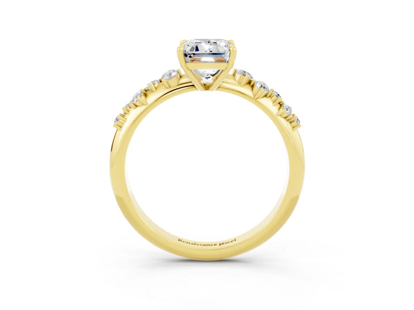 Yellow gold Emerald Cut Moissanite Cluster Side Stone Solitaire Ring with Prong Setting