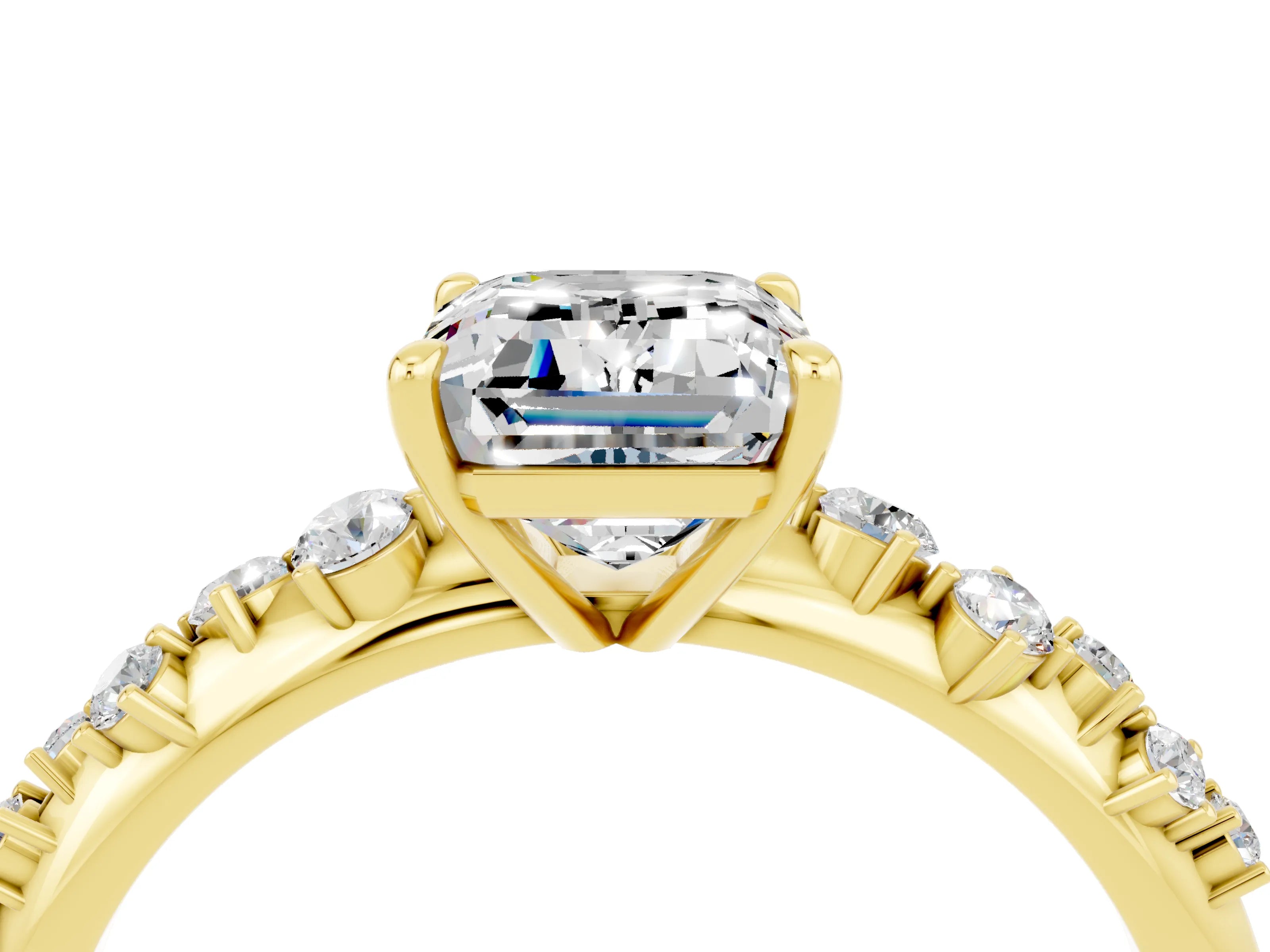 Yellow gold Emerald Cut Moissanite Cluster Side Stone Solitaire Ring with Prong Setting_28