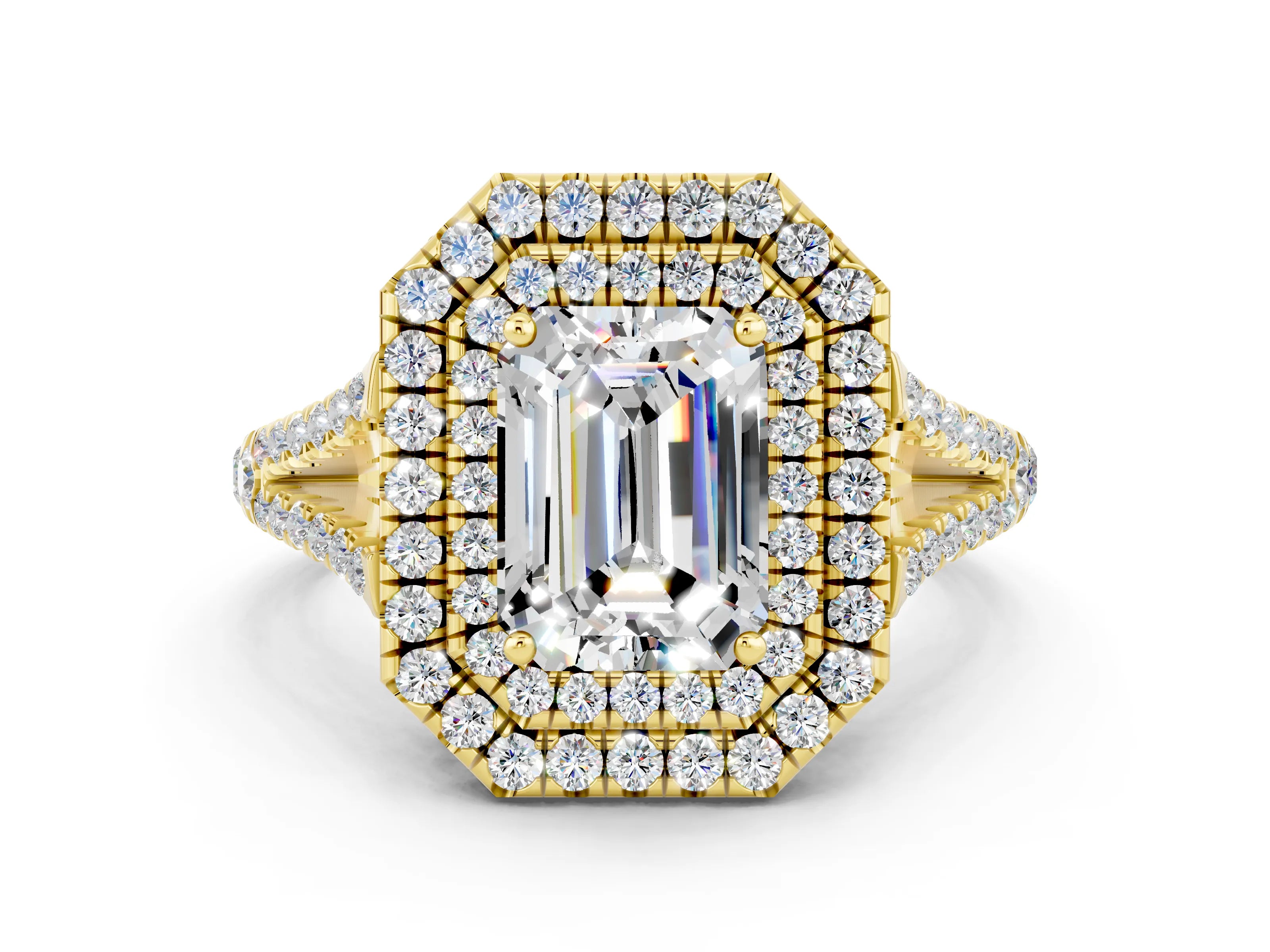 Yellow gold Emerald Cut Moissanite Double Halo Ring with Pavé Band and Prong Setting_12