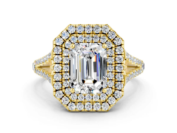 Yellow gold Emerald Cut Moissanite Double Halo Ring with Pavé Band and Prong Setting