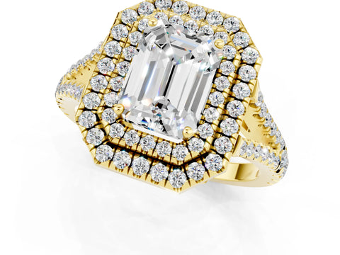 Yellow gold Emerald Cut Moissanite Double Halo Ring with Pavé Band and Prong Setting_13