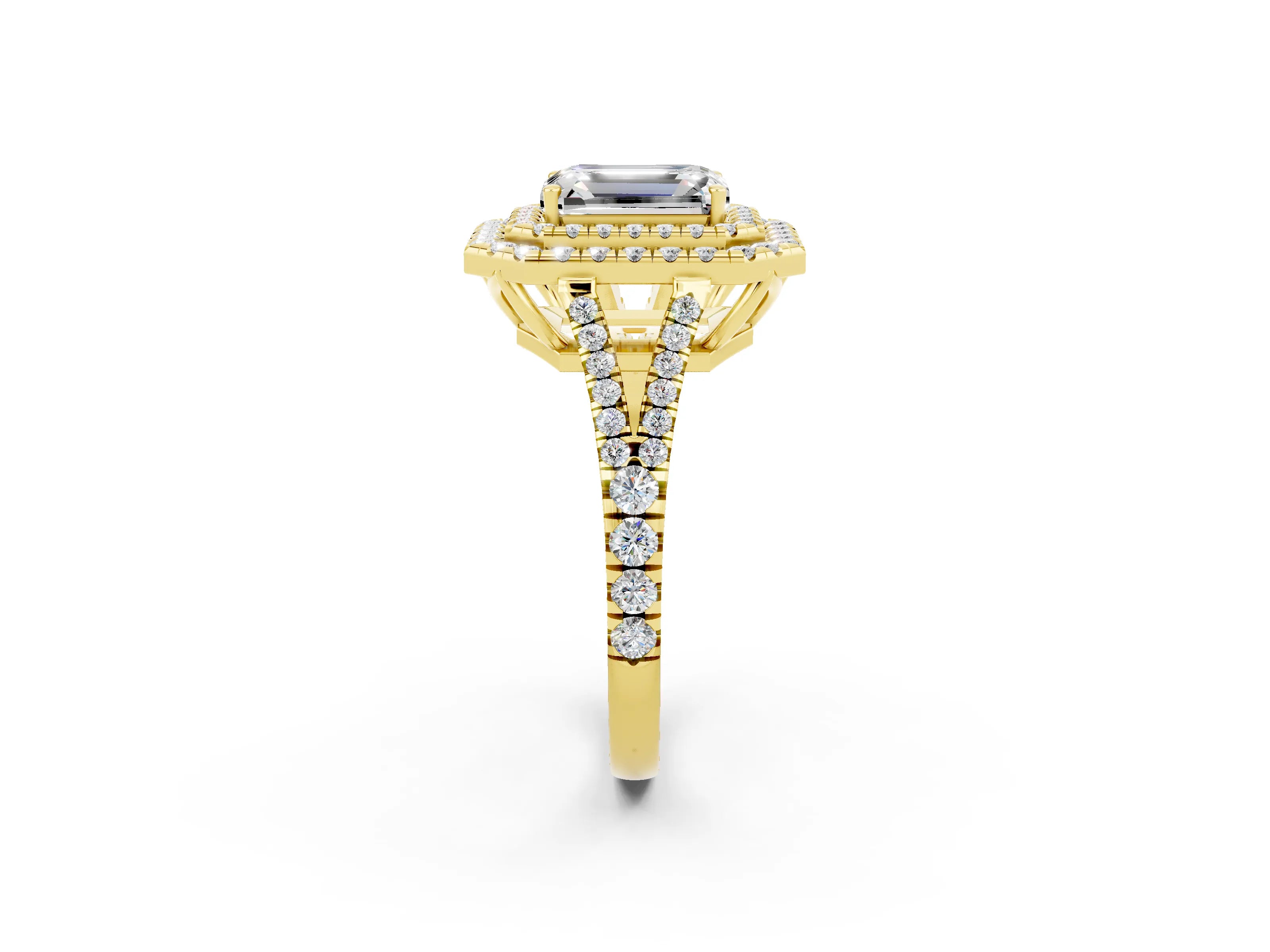 Yellow gold Emerald Cut Moissanite Double Halo Ring with Pavé Band and Prong Setting_14