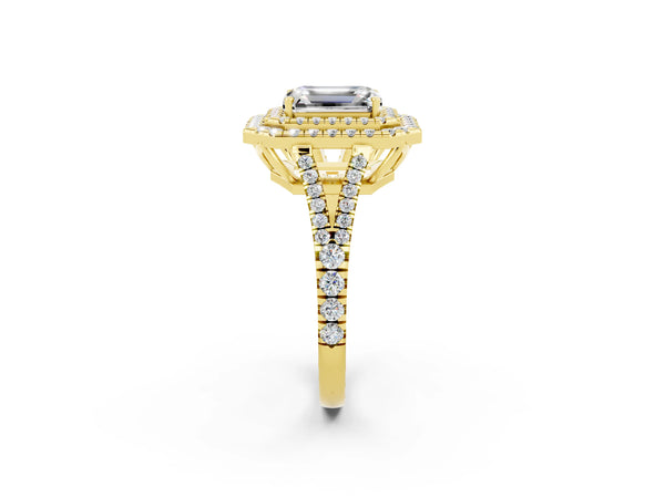 Yellow gold Emerald Cut Moissanite Double Halo Ring with Pavé Band and Prong Setting