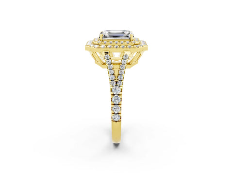Yellow gold Emerald Cut Moissanite Double Halo Ring with Pavé Band and Prong Setting_14
