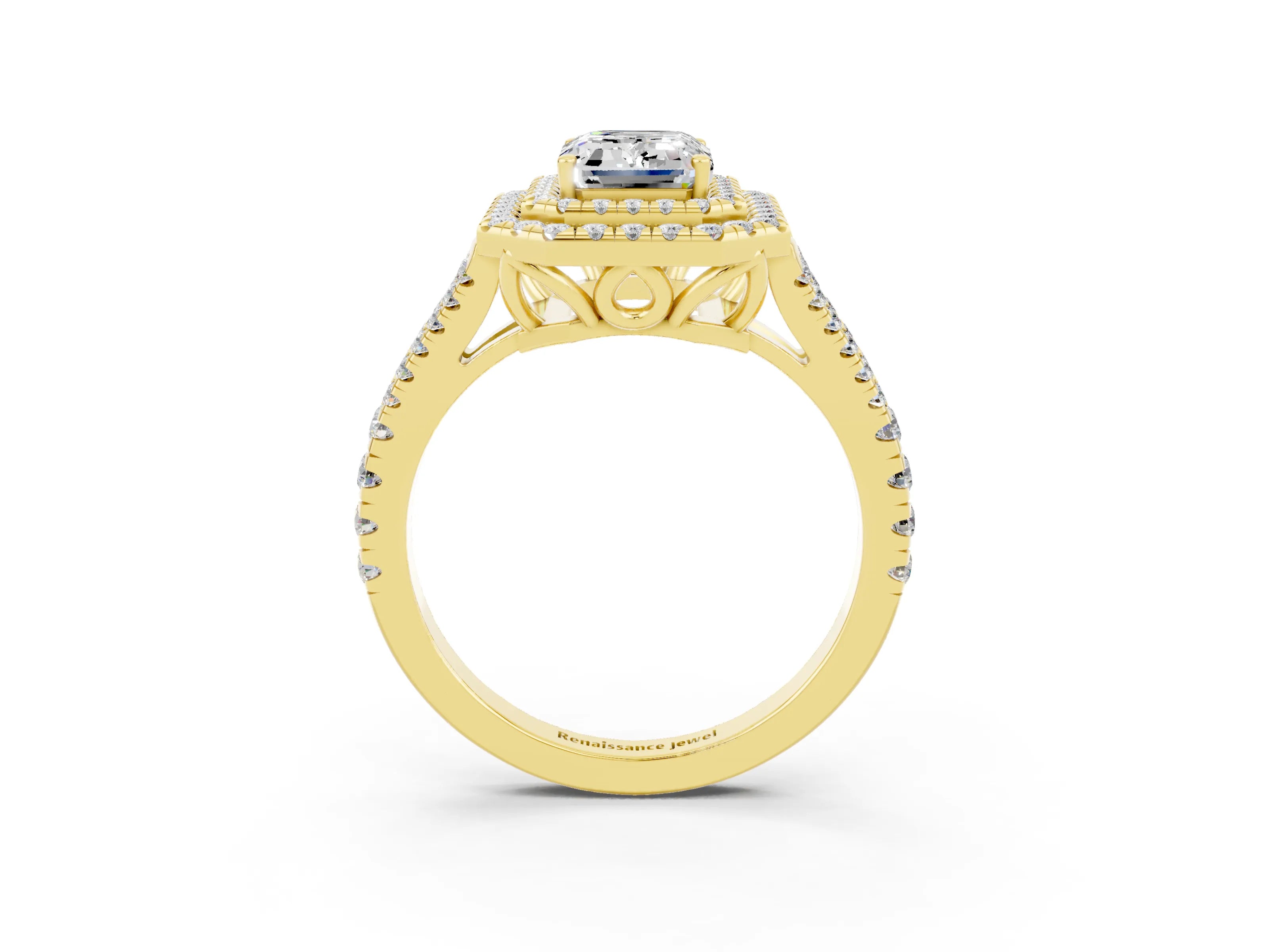 Yellow gold Emerald Cut Moissanite Double Halo Ring with Pavé Band and Prong Setting_15