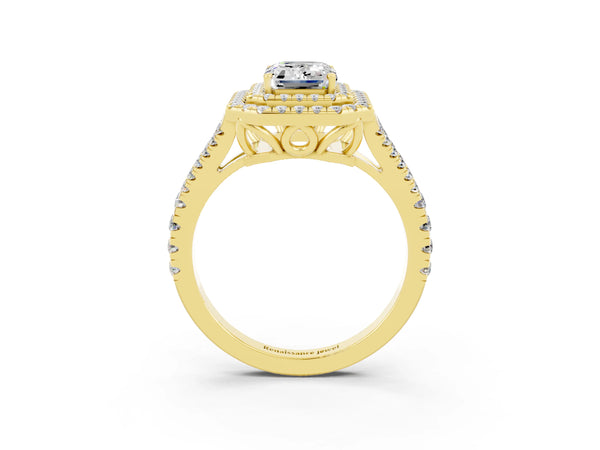 Yellow gold Emerald Cut Moissanite Double Halo Ring with Pavé Band and Prong Setting