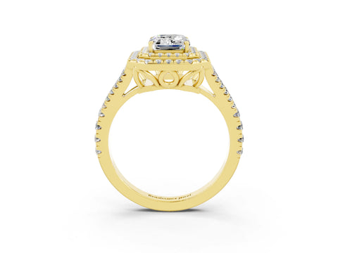 Yellow gold Emerald Cut Moissanite Double Halo Ring with Pavé Band and Prong Setting_15