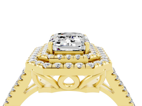 Yellow gold Emerald Cut Moissanite Double Halo Ring with Pavé Band and Prong Setting_16