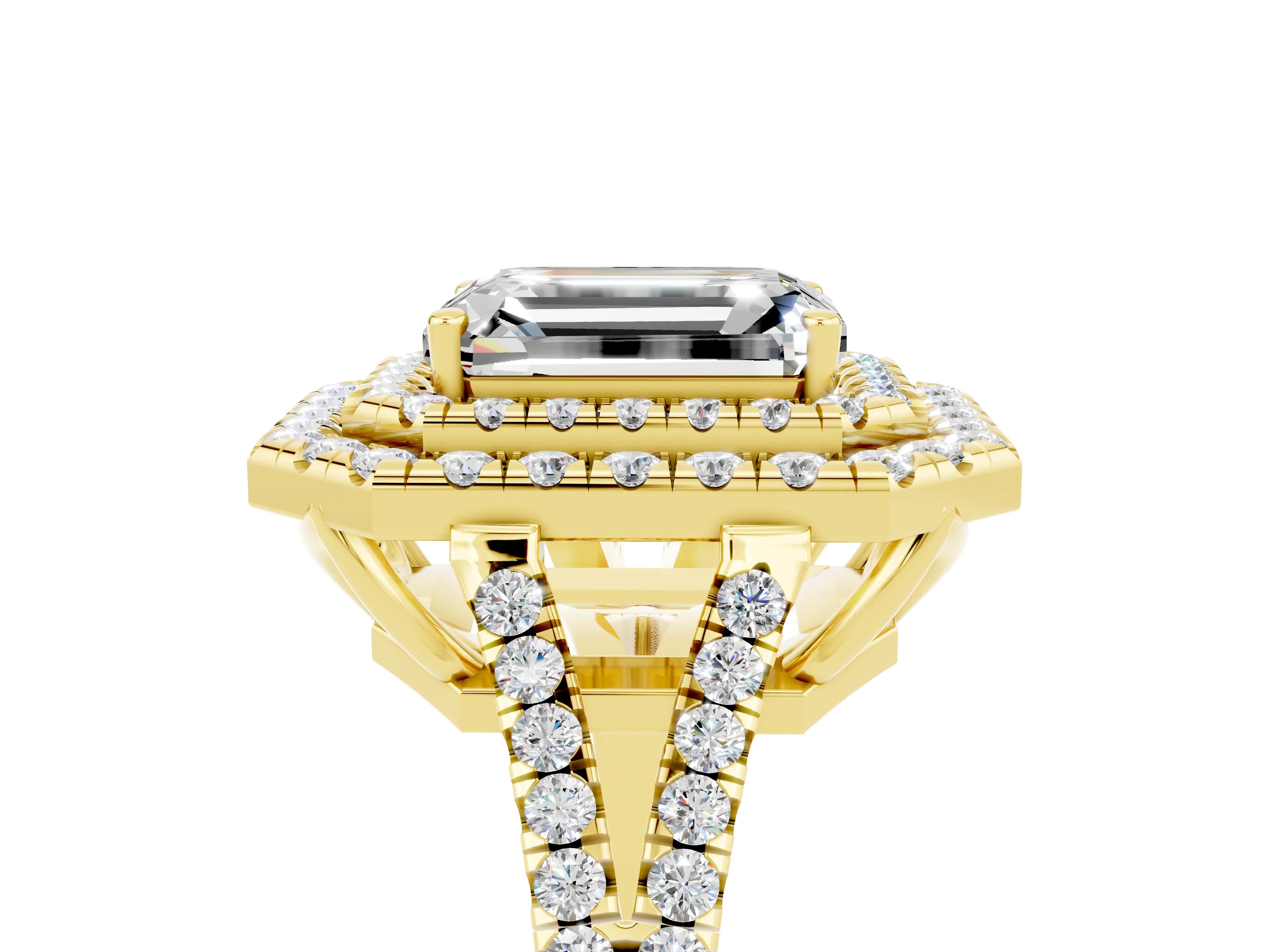 Yellow gold Emerald Cut Moissanite Double Halo Ring with Pavé Band and Prong Setting_17