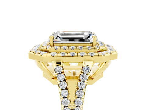 Yellow gold Emerald Cut Moissanite Double Halo Ring with Pavé Band and Prong Setting_17