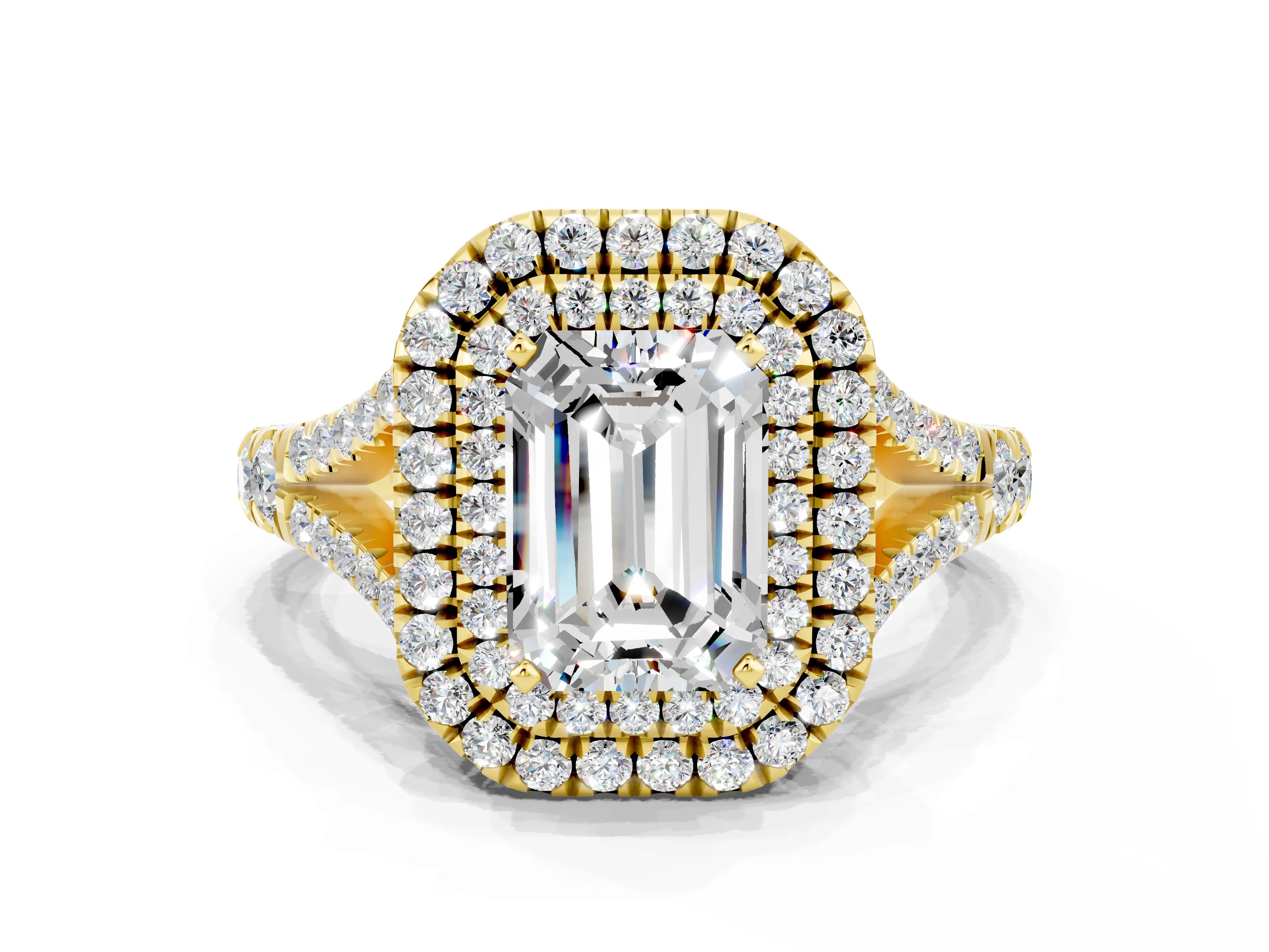 Yellow gold Emerald Cut Moissanite Double Halo Ring with Split Shank and Prong Setting_12
