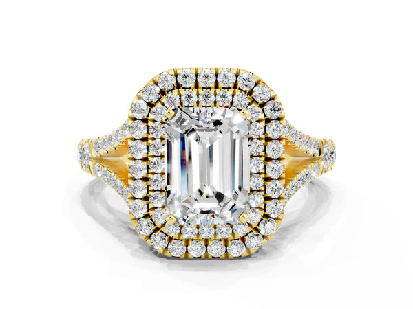 Yellow gold Emerald Cut Moissanite Double Halo Ring with Split Shank and Prong Setting