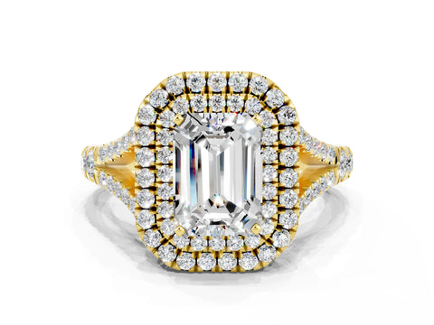 Yellow gold Emerald Cut Moissanite Double Halo Ring with Split Shank and Prong Setting_12