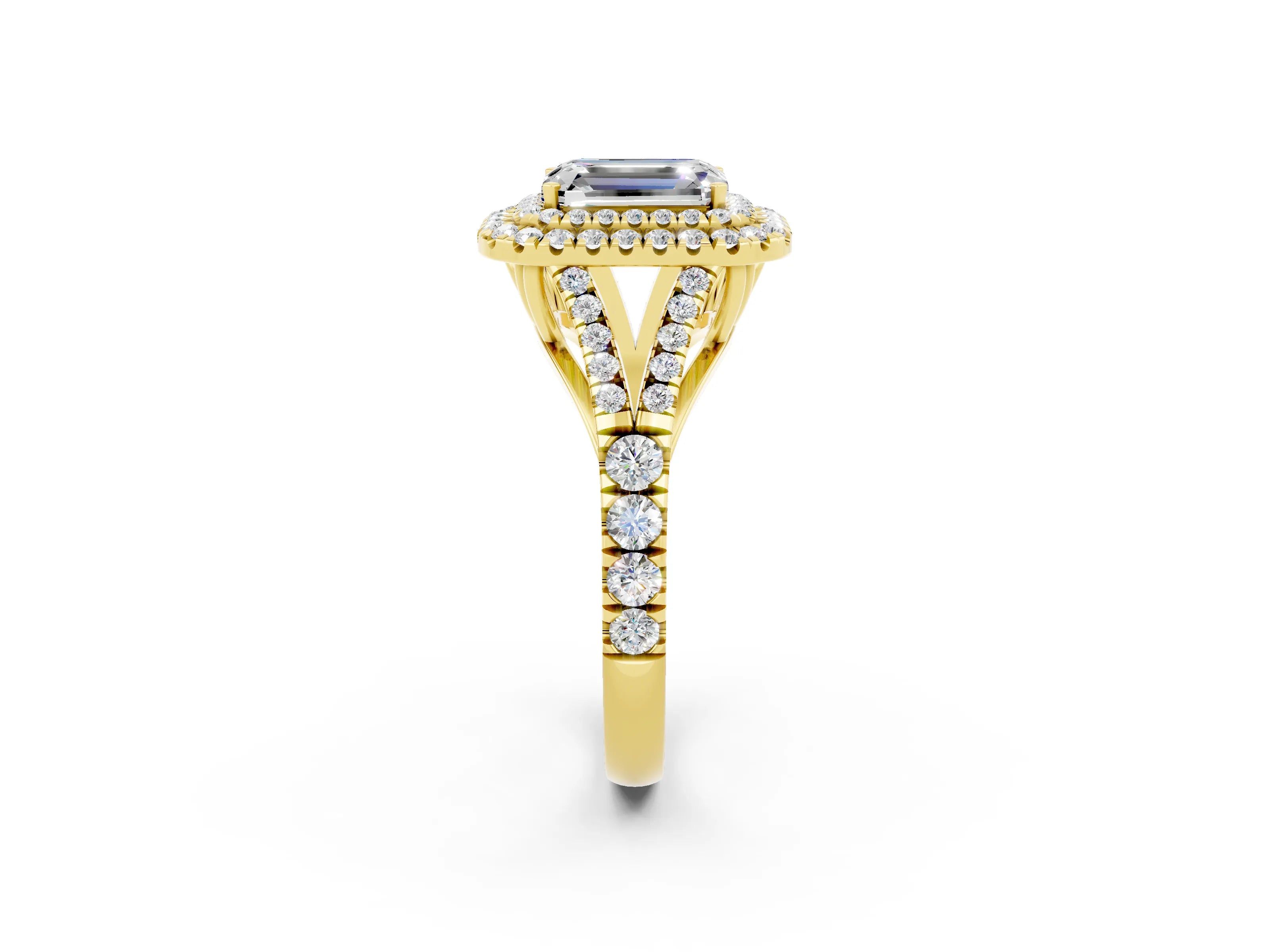 Yellow gold Emerald Cut Moissanite Double Halo Ring with Split Shank and Prong Setting_14