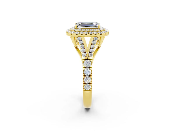 Yellow gold Emerald Cut Moissanite Double Halo Ring with Split Shank and Prong Setting