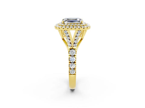 Yellow gold Emerald Cut Moissanite Double Halo Ring with Split Shank and Prong Setting_14
