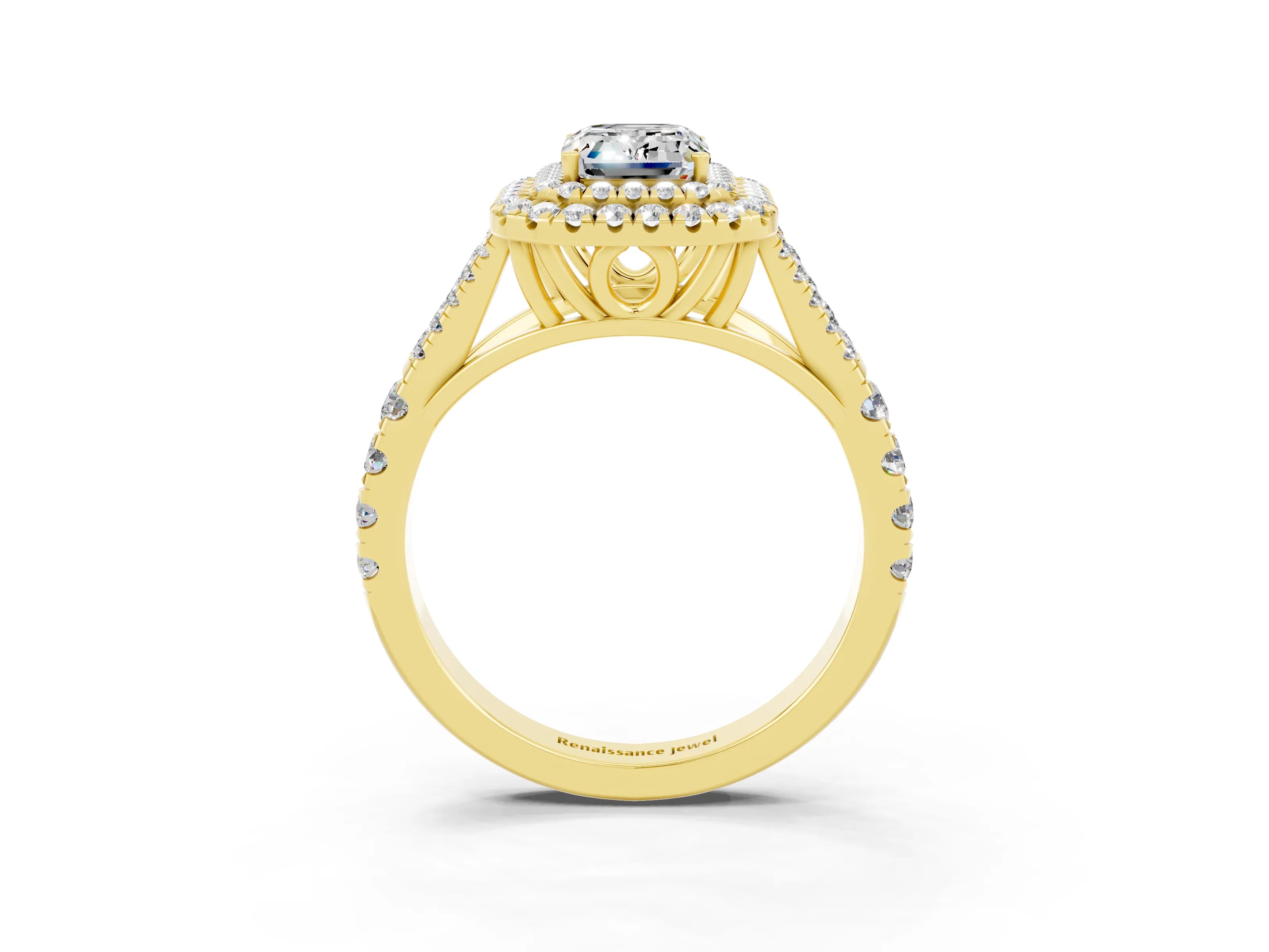 Yellow gold Emerald Cut Moissanite Double Halo Ring with Split Shank and Prong Setting_15