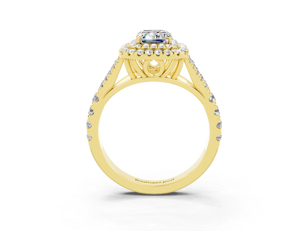 Yellow gold Emerald Cut Moissanite Double Halo Ring with Split Shank and Prong Setting