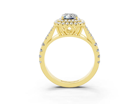 Yellow gold Emerald Cut Moissanite Double Halo Ring with Split Shank and Prong Setting_15