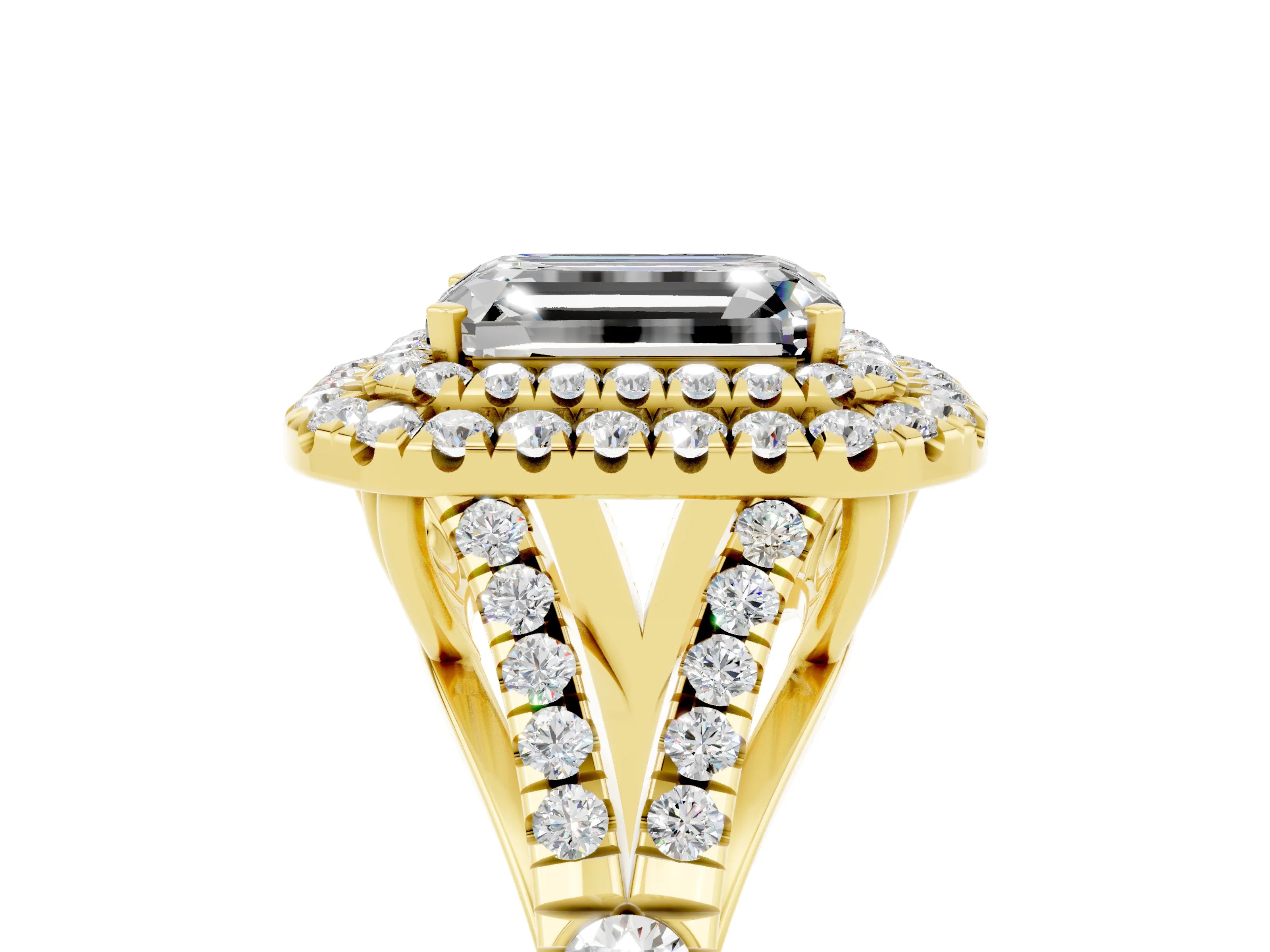 Yellow gold Emerald Cut Moissanite Double Halo Ring with Split Shank and Prong Setting_17