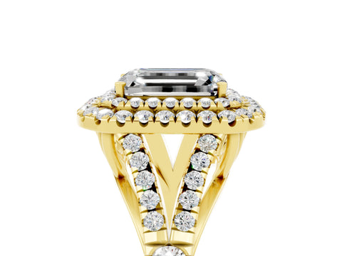 Yellow gold Emerald Cut Moissanite Double Halo Ring with Split Shank and Prong Setting_17