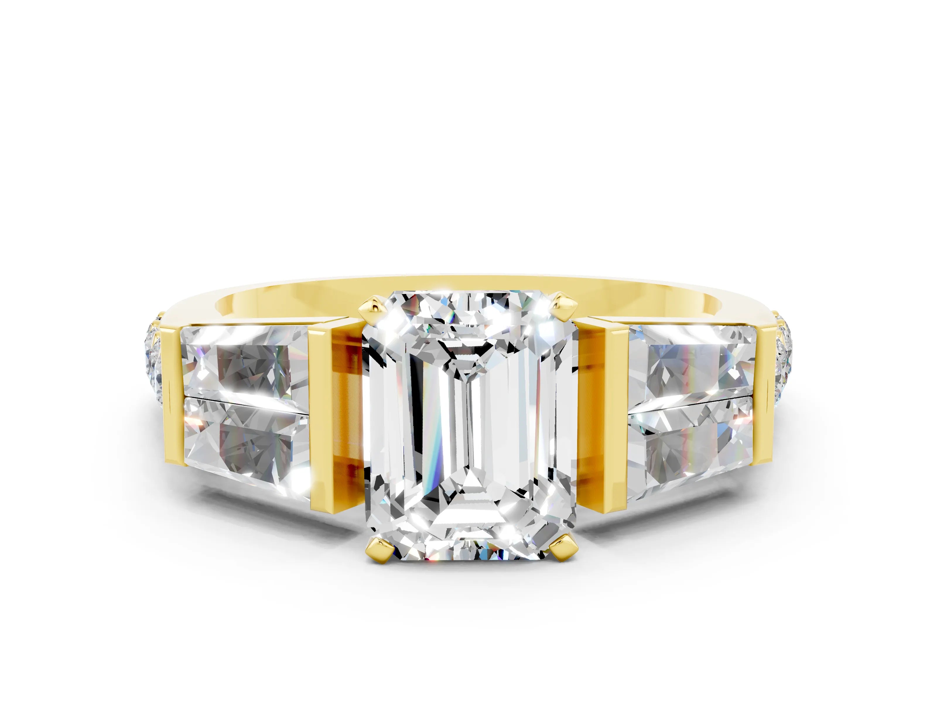Yellow gold Emerald Cut Moissanite Engagement Ring with Baguette Side Stones and Channel Set Band