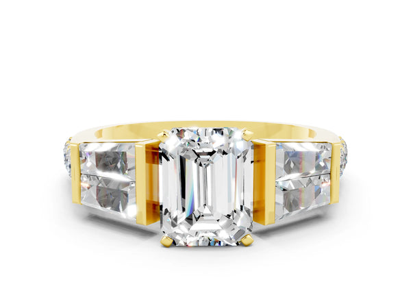 Yellow gold Emerald Cut Moissanite Engagement Ring with Baguette Side Stones and Channel Set Band