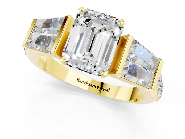 Yellow gold Emerald Cut Moissanite Engagement Ring with Baguette Side Stones and Channel Set Band
