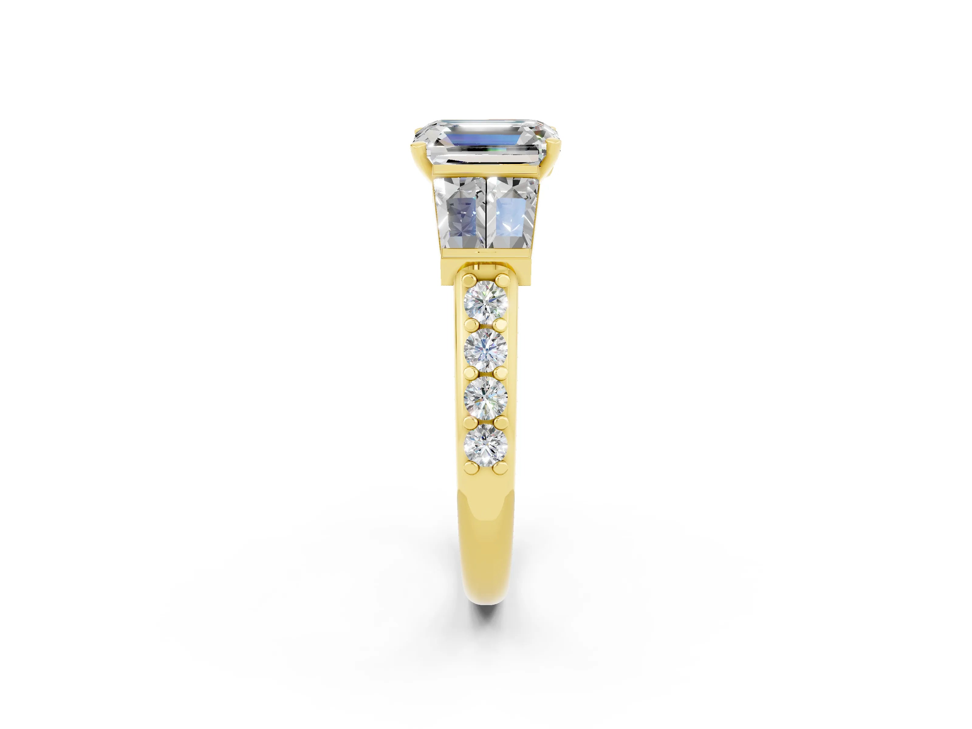 Yellow gold Emerald Cut Moissanite Engagement Ring with Baguette Side Stones and Channel Set Band_2
