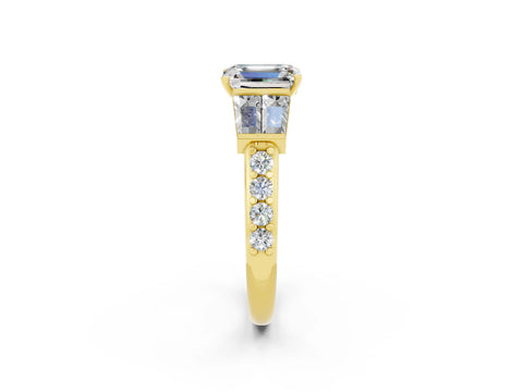 Yellow gold Emerald Cut Moissanite Engagement Ring with Baguette Side Stones and Channel Set Band_2