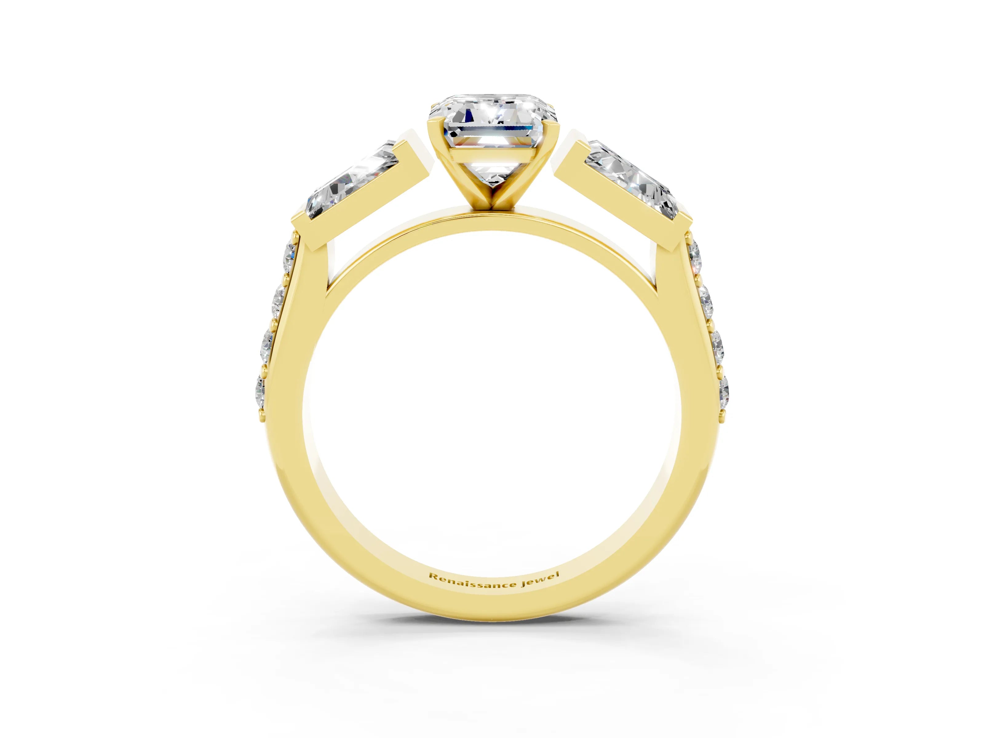 Yellow gold Emerald Cut Moissanite Engagement Ring with Baguette Side Stones and Channel Set Band_3