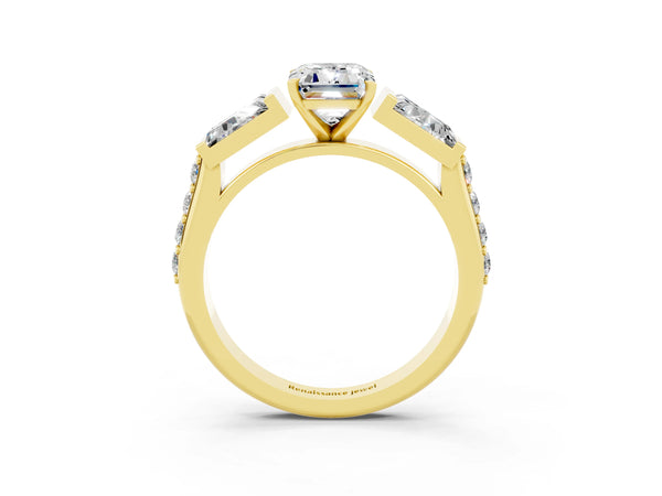 Yellow gold Emerald Cut Moissanite Engagement Ring with Baguette Side Stones and Channel Set Band