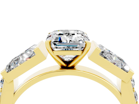 Yellow gold Emerald Cut Moissanite Engagement Ring with Baguette Side Stones and Channel Set Band_4