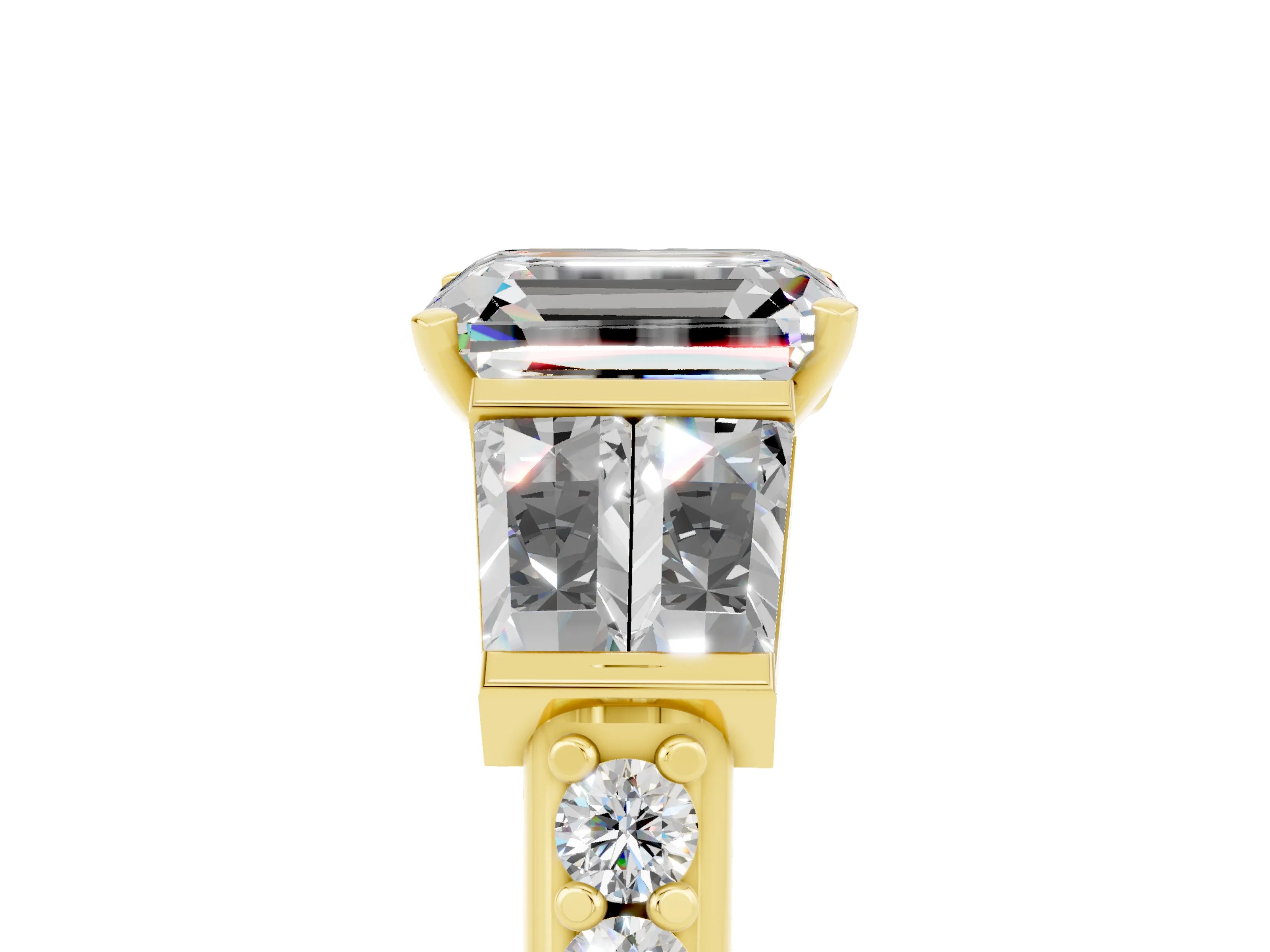 Yellow gold Emerald Cut Moissanite Engagement Ring with Baguette Side Stones and Channel Set Band_5