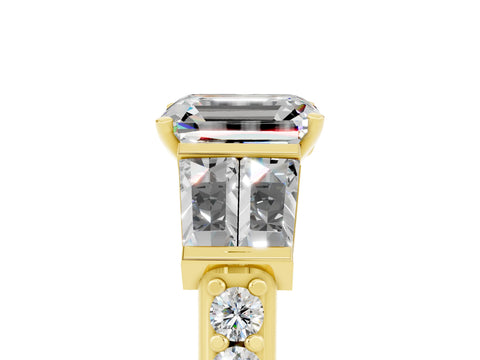 Yellow gold Emerald Cut Moissanite Engagement Ring with Baguette Side Stones and Channel Set Band_5