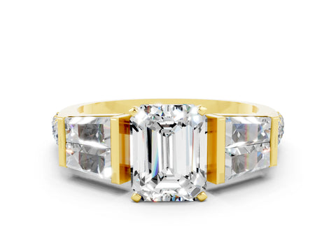 Yellow gold Emerald Cut Moissanite Engagement Ring with Baguette Side Stones and Channel Set Band