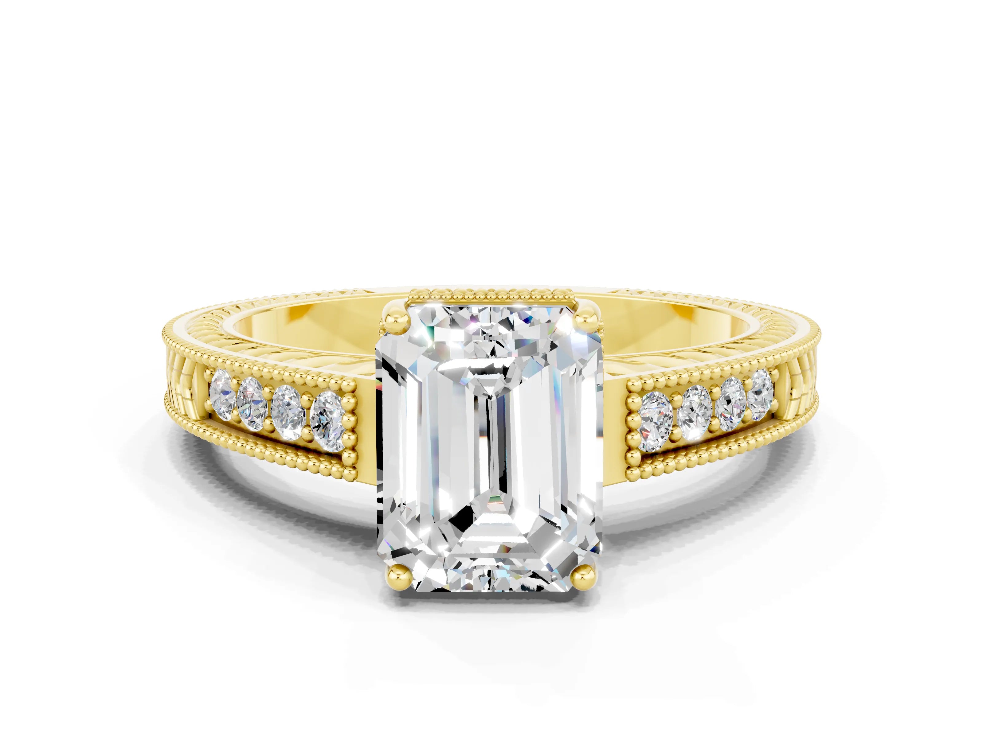 Yellow gold Emerald Cut Moissanite Engagement Ring with Milgrain Channel Set Band and Prong Setting