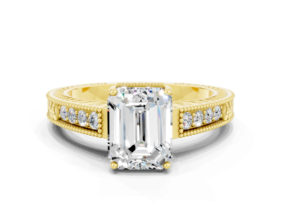 Yellow gold Emerald Cut Moissanite Engagement Ring with Milgrain Channel Set Band and Prong Setting