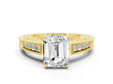 Yellow gold Emerald Cut Moissanite Engagement Ring with Milgrain Channel Set Band and Prong Setting